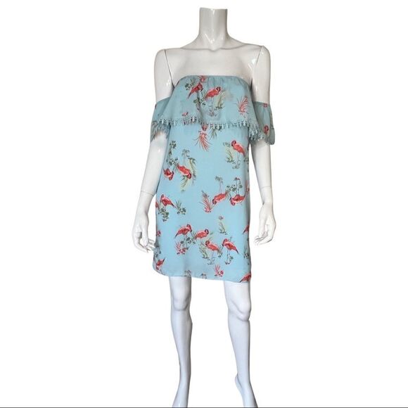 Everly off the shoulder summer dress pink flamingos Dress size Small - Picture 3 of 9